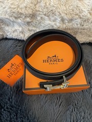 Hermes Look Black Charcoal Belt Gold Diamanté H Buckle With Box Size 34 Inch