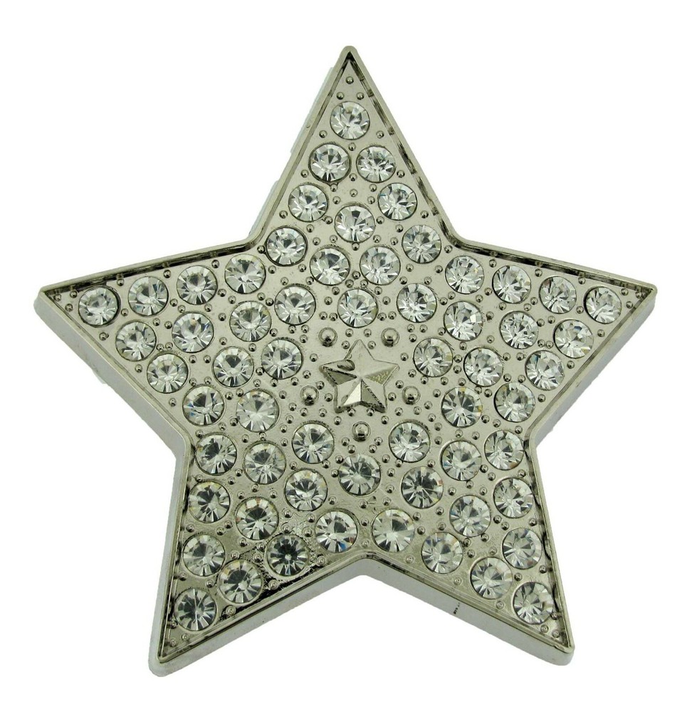 New Classic Silver Star Belt Buckle Rhinestones Out Blinged Rock Punk Tattoo Ice