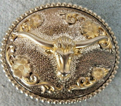 Longhorn Steer Head Western Belt Buckle Silver/Gold Tone Metal Floral Accents