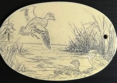 VTG Faux Bone Scrimshaw Carved Wild Goose Scenery&Display Stand/was Belt Buckle?