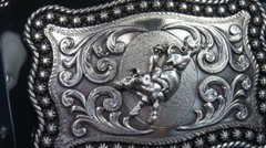 Nocona Western Belt Buckle Bull Rider Rope Edge Rectangular Silver Tone 3759002