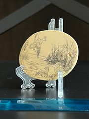 VTG Faux Bone Scrimshaw Carved Wild Goose Scenery&Display Stand/was Belt Buckle?