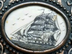 Vtg. 1970s Sailing Ship Belt Buckle W Birds. Brass Plated Metal. Ornate Edges.
