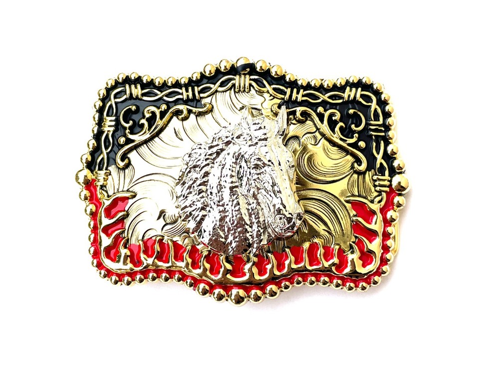 Western Buckle Gold Silver Red Black Red Horse Cowboy Buckle 2 » Hebilla Vaquero