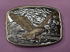 Vintage Soaring Patriotic USA Eagle Hawk w/ Mountains Belt Buckle 3.5” x 2.5”