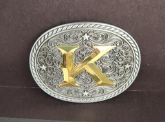 Western Belt Buckle Initial Letter K Two Tone Pewter And Gold Oval