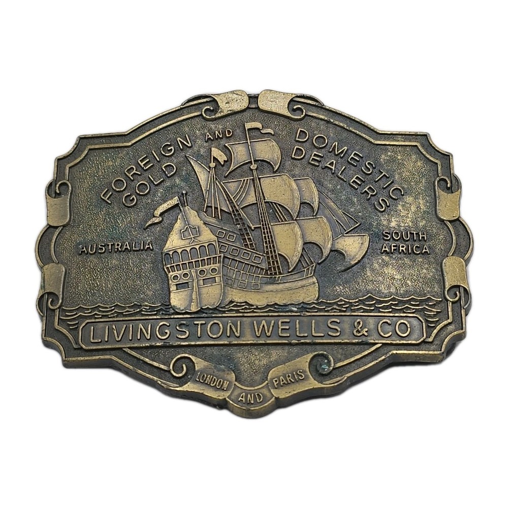 Livingston Wells & Co Nautical Sailing Ship Foreign Domestic Belt Buckle 3.5&Prime;