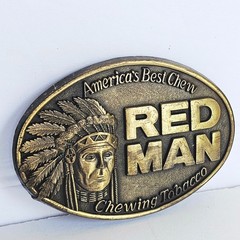 1988 Red Man Chewing Tobacco Belt Buckle Oval Brass Tone Western Americana Vtg