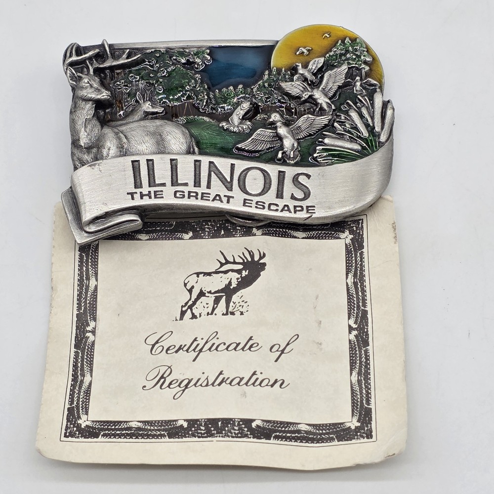 Vintage Collectible 1984 ILLINOIS Pewter and Enamel Belt Buckle by Bergamot