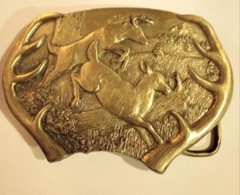 Vintage Brass Belt Buckle Bergamot Deer Antler Frame with Bounding Deer Scene