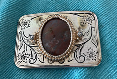 Vtg Belt Buckle Silver & Gold Tone Metal Polished Agate Stone Western Rodeo