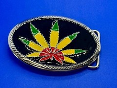 Marijuana Cannabis Pot Leaf Weed Enameled Rasta Colors New 4&Prime; Wide Belt Buckle