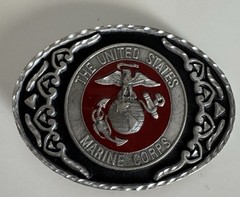 U.S. Marines Belt Buckle Pewter & Red Enamel Vintage United States Marine Corps