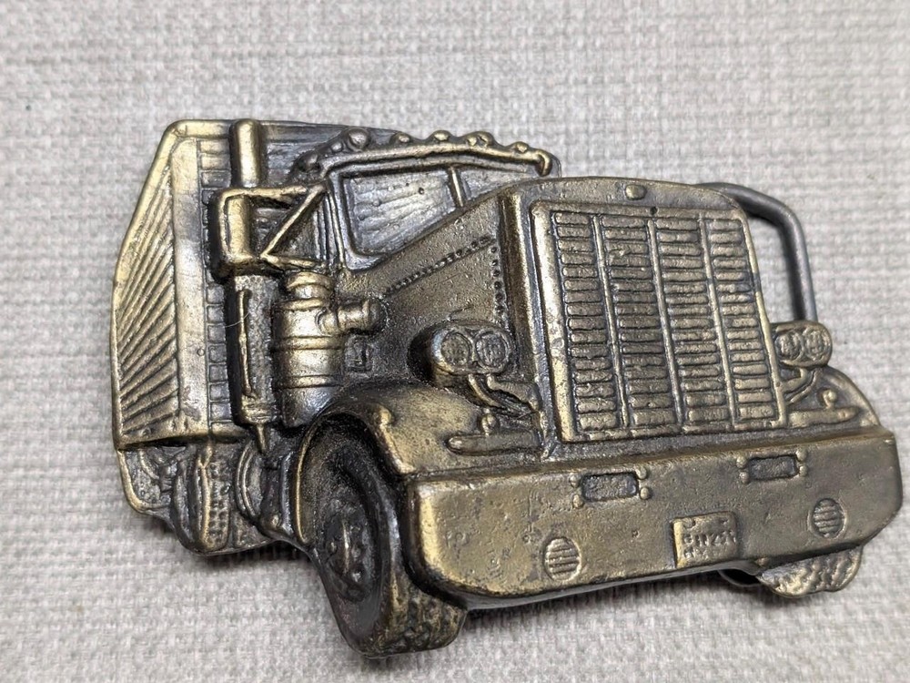 vintage TRUCKER belt buckle BIG RIG semi-truck SOLID BRASS heavy WESTERN cowboy