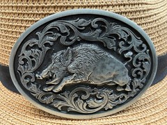 Antiqued Silver Wild Boar Oval Western Cowboy Floral & Vine Belt Buckle