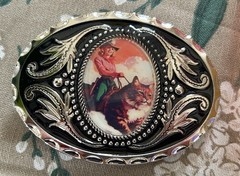 Kitty Cowgirl Belt Buckle Vintage Western Pinup Cat Handmade Resin Snap On 1.5in