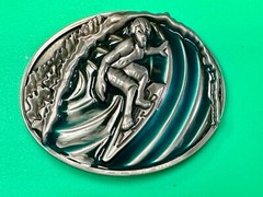 Surfer On Ocean Wave Pipeline Surfing Hang 10 – Blue Green Color Belt Buckle