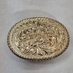 Vtg Crumrine El Arturo Bronze Western Belt Buckle Gold Floral Scroll Rope Edge