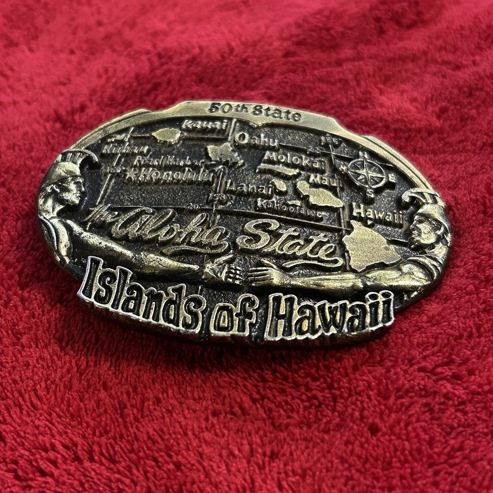 1982 Islands Of Hawaii Metal Brass Belt Buckle 50th State The Aloha State VTG