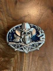 Cowboy Skull Blue Belt Buckle Western Gothic Biker Style Skull Guns Rodeo Punk