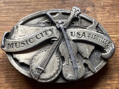 Vintage NASHVILLE MUSIC CITY USA metal Belt Buckle Pewter Banjo Fiddle Country