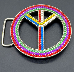 PEACE SYMBOL RHINESTONE BELT BUCKLE 3.25&Prime; Diameter