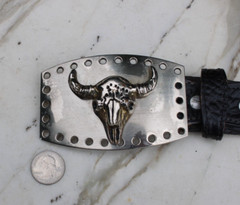 Silver Toned Metal Bull Steer Cow Head Face Belt Buckle & Leather Belt
