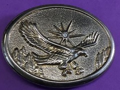 Vintage patriotic flying classic Bald Eagle with sun starburst belt buckle