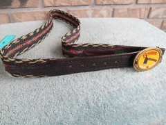 VINTAGE FIREMEN NEED LOVE TOO BRASS BELT BUCKLE WITH RESISTOL BELT SIZE 44