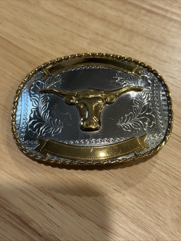 GOLD & SILVER (IN COLOR ONLY) RODEO WESTERN LONGHORN BULL Metal Belt Buckle