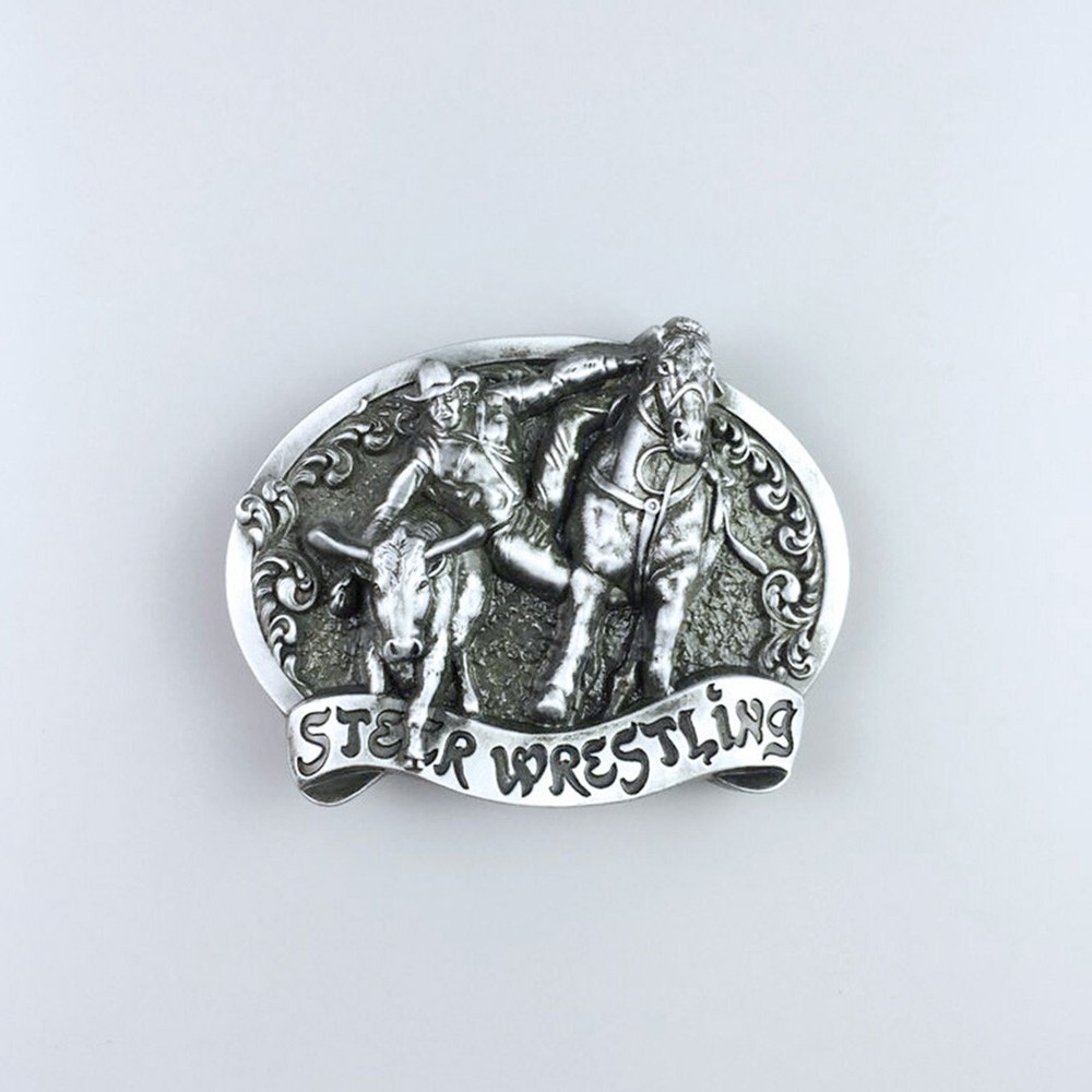 Antique Silver Rodeo Steer Wrestling Western Belt Buckle Boucle de Ceinture