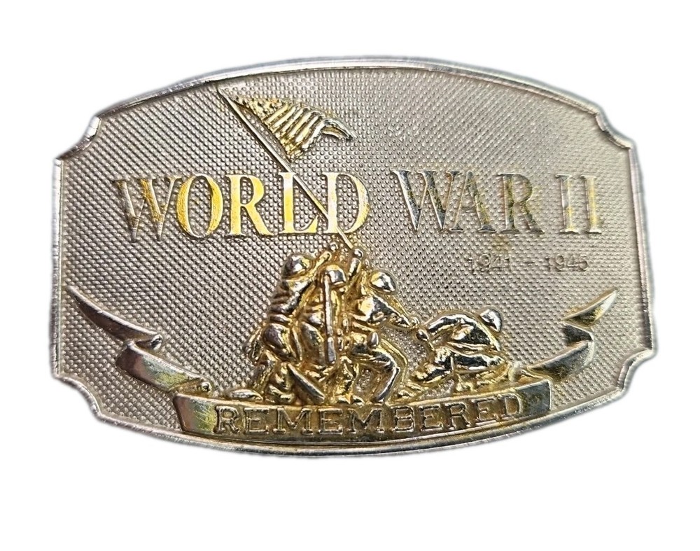 1990 CSI WWII Remembered Memorial Belt Buckle Gold Silver Tone Vintage