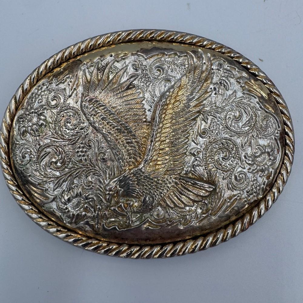 Ivan Western Eagle Belt Buckle Silver Gold Tone Floral Scrollwork Rope Border