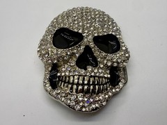 Creepy Skull Grinning Teeth Black Enamel Clear Rhinestone Covered Belt Buckle