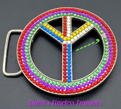 PEACE SYMBOL RHINESTONE BELT BUCKLE 3.25&Prime; Diameter