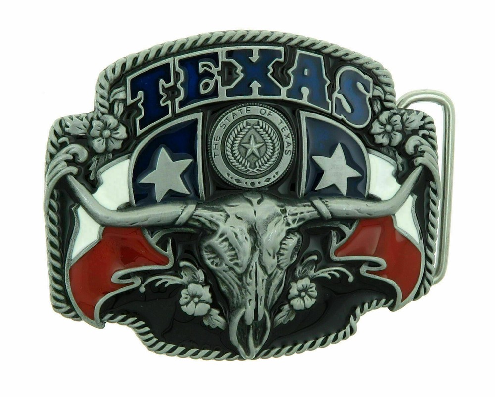 Texas State Flags Long Horn Bull Western Cowboy Enamel Metal Belt Buckle