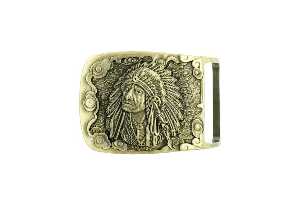 Western Native Indian Chief Cowboy Rectangle Solid Brass Metal Belt Buckle