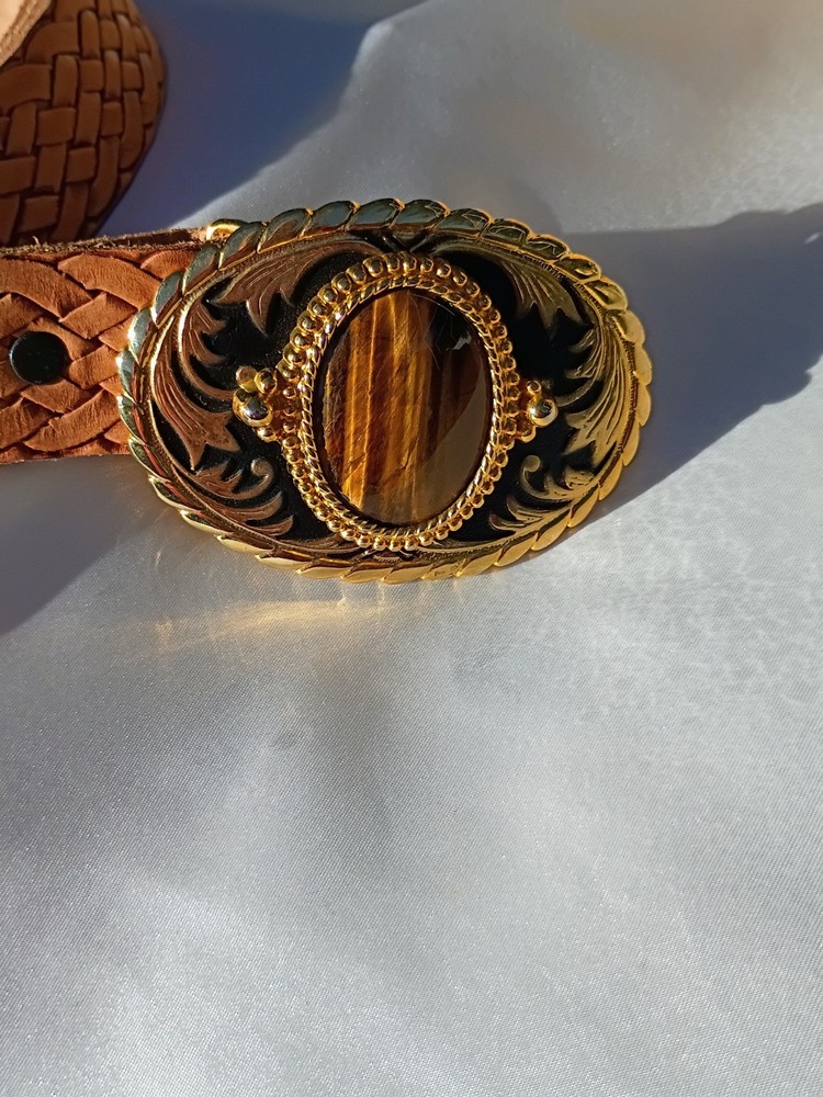 Tooled leather belt with western gold toned buckle w/tiger eye embellishment