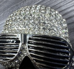 Skull Belt Buckle Wearing Sunglasses Silver Finish Clear Stone