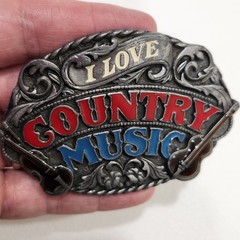 Vintage 1980s I Love Country Music Belt Buckle Metal Siskiyou Buckle Co 1988