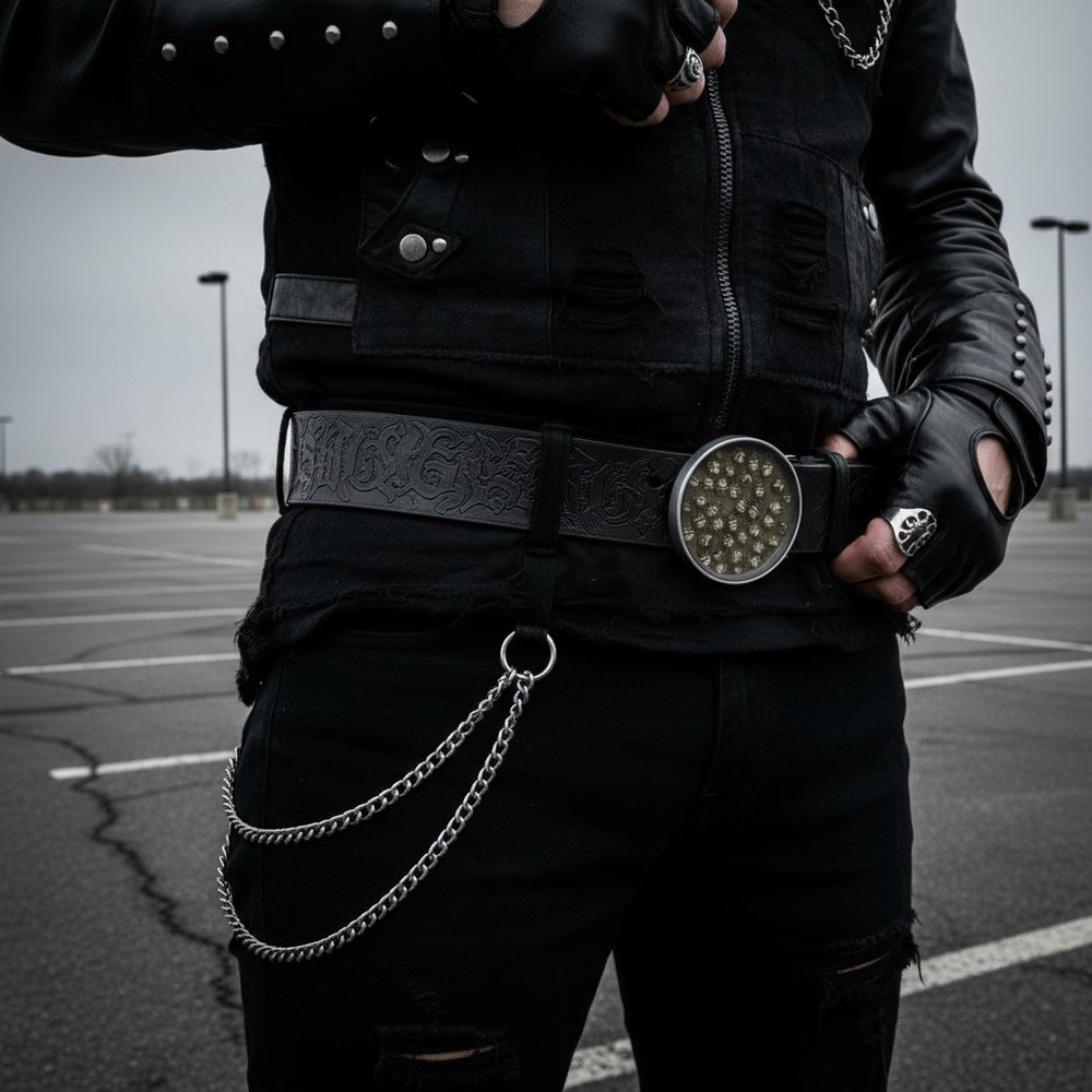 Men Belt Buckle Round 3&Prime; Heavy Metal Dome Skulls Silver Brown Biker Accessory