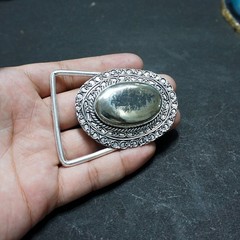 Handcrafted 925 Sterling Silver Natural Pyrite Oval Cabochon Belt Buckle