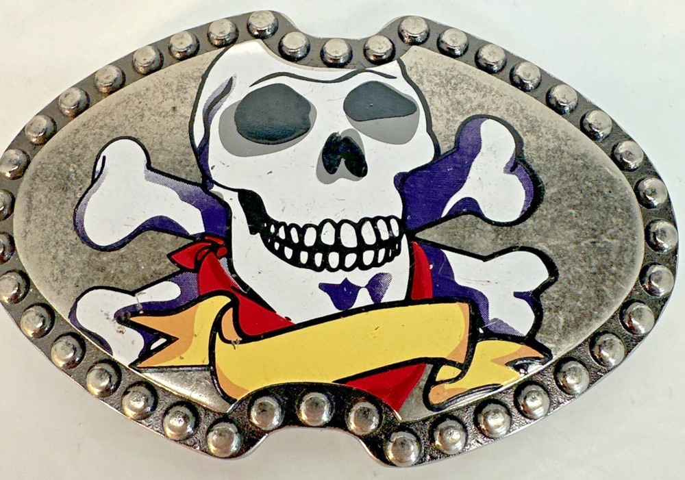 Skull & Crossbones Metal Belt Buckle 4” Studded Edge, Bandanna, And Banner