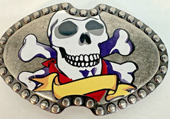 Skull & Crossbones Metal Belt Buckle 4” Studded Edge, Bandanna, And Banner