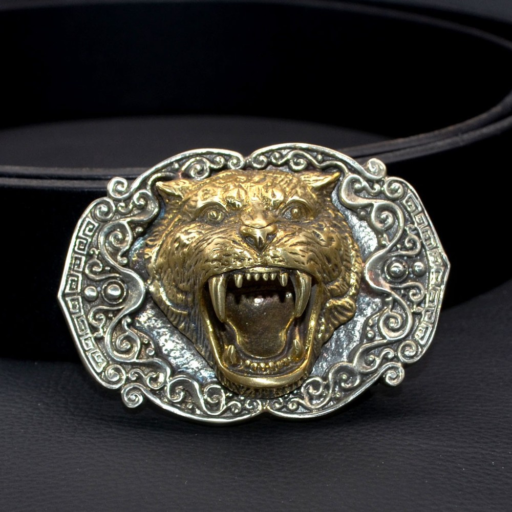 Brass & White Copper 3D Tiger Belt Buckle, Suitable for belts 1.5-in wide