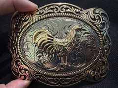 Western Rooster Floral Engraved Belt Buckle Gold/Silver Metal Fits 1.5in Belt