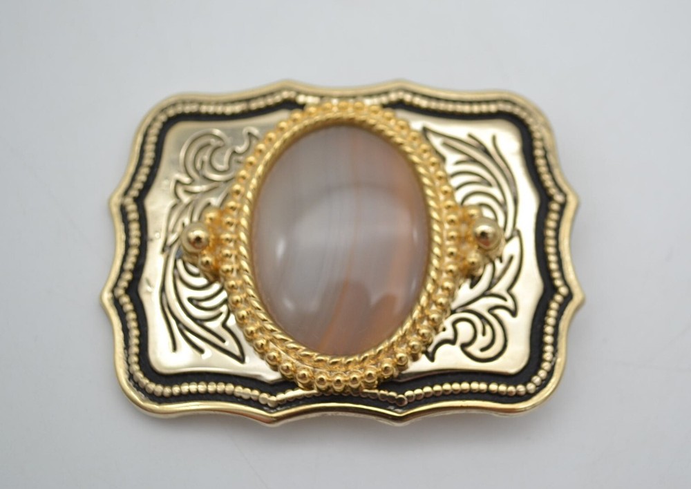 Polished Agate Gold Colored Belt Buckle with Gift Box Made in the USA
