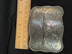 Nocona Longhorn Silver Tone Belt Buckle Etched, Roped Edge- REDUCED!