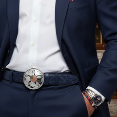 Men Silver Metal Fashion Buckle Round Spinning USA Flag United States America