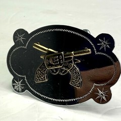 Gun Belt Buckle Double Pistols Silver Tone Hong Kong 4&Prime; Metal Western Wear
